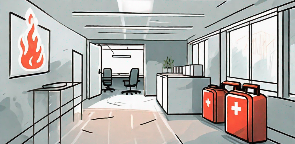 An office environment with visible safety measures like a fire extinguisher