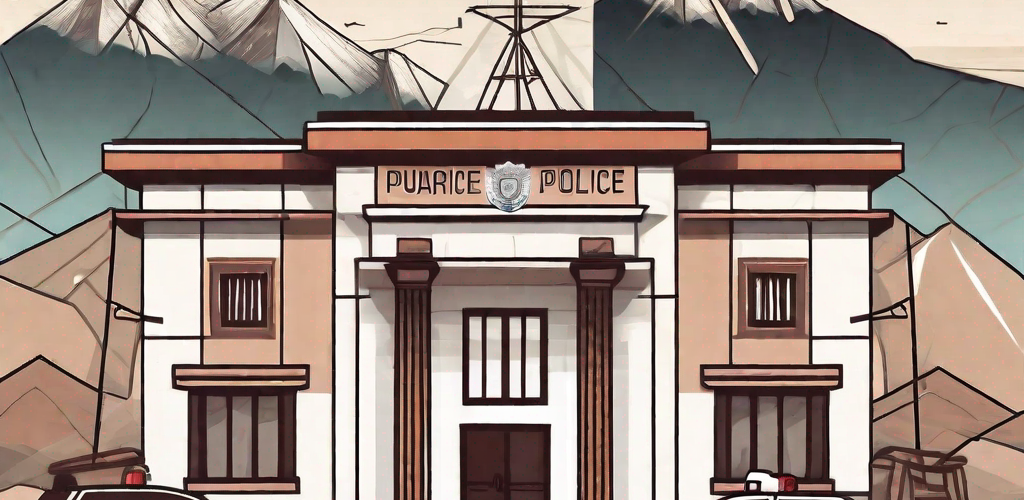 A peruvian police station with a symbolic scale of justice on the foreground