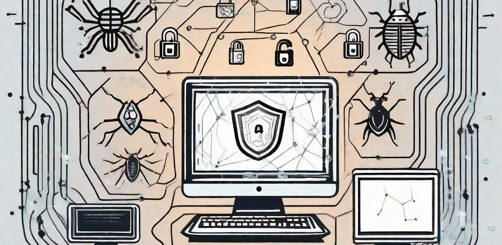 A shielded computer surrounded by malicious cyber symbols like bugs